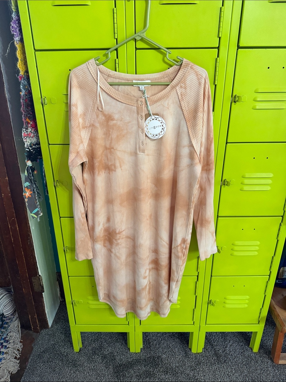 Umgee Peach Tie-Dye Ribbed Henley Long Sleeve Top or Dress